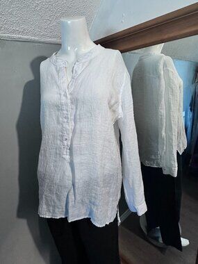 Stateside White Linen Long Sleeve Band Collar Henley Top Size Medium